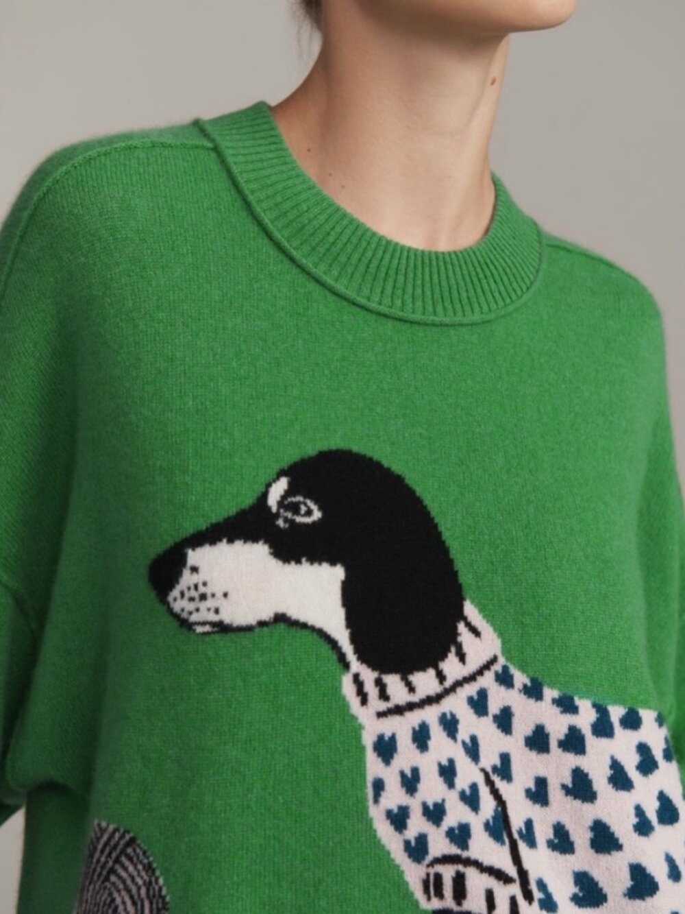 Anthropologie Goldie Cashmere Dachshund Sweater XL Green Intarsia Knit - Picture 4 of 8